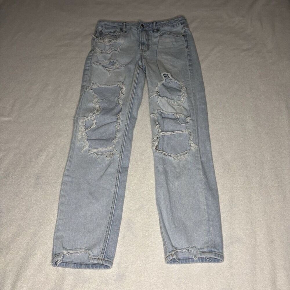 American Eagle Mom Jeans Women 4 Light Blue Distressed Ripped High Rise